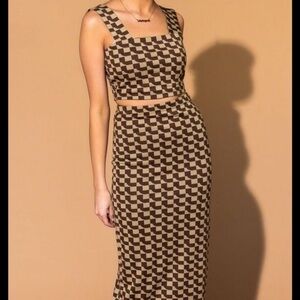 NWT Dressed in LALA Mocha Geo Checkered Brown and Black Women's Skirt and Top
